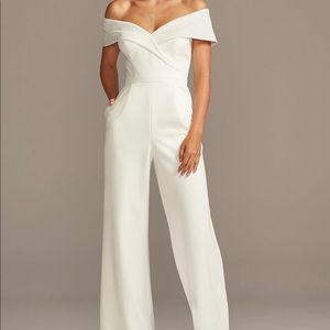 White off the shoulder jumpsuit with pockets